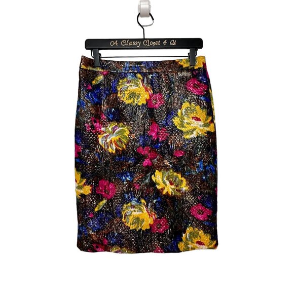 J. Crew Silk Cotton Black Floral Metallic Textured Straight Pencil Skirt 4 - Picture 9 of 9